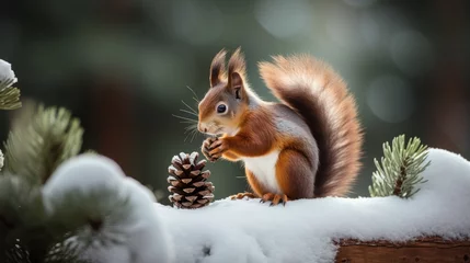 Plexiglas foto achterwand Close-up of a squirrel in the winter forest. © Светлана Канунникова
