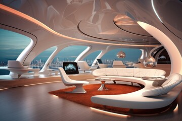 a futuristic luxury concept interior with comfortable seats and couches of a big lounge