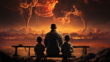 Family on the background of a nuclear explosion during the day. Stormy sky, shock wave against the background of a nuclear mushroom. city ​​destruction
