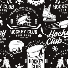 Ice hockey club seamless pattern in retro style. Vector illustration. Background, wallpaper, seamless pattern with player, helmet, sticks, goalkeeper, pick and skates silhouette. © sivvector