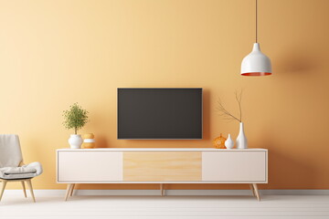 Television put on wood table, background white wall.