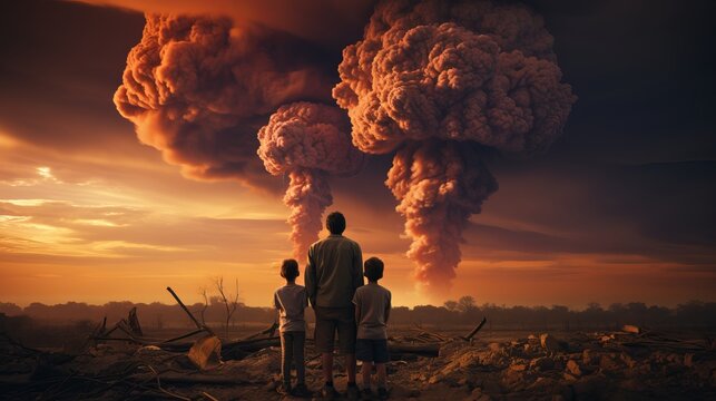Family on the background of a nuclear explosion during the day. Stormy sky, shock wave against the background of a nuclear mushroom. city ​​destruction © Marynkka_muis_ua