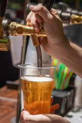 Bartender pours beer into a plastic glass in a street cafe. Close-up