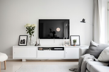 Television put on wood table, background white wall.