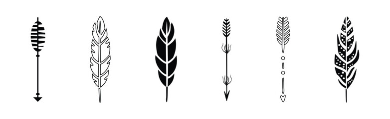 Black Arrow with Feather Silhouette Design Element Vector Set