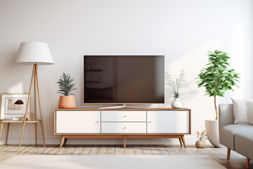 Television put on wood table, background white wall.
