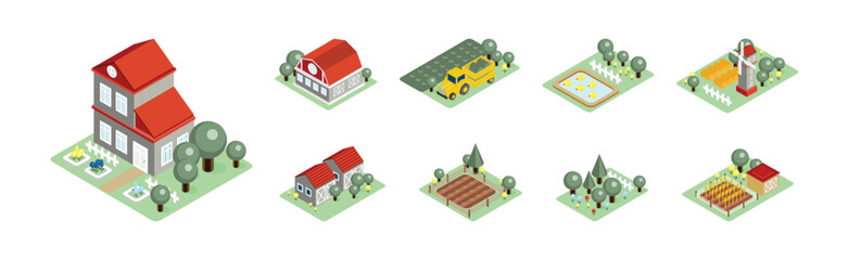 Isometric Farm and Rural Landscape with Barn House, Tractor, Field and Windmill Vector Set