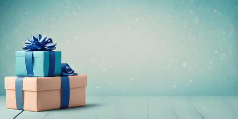 Gift box with ribbon wrapping for present special event holiday or birthday blue background empty space for design