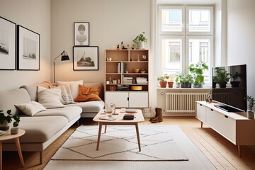 Television put on wood table, background white wall.