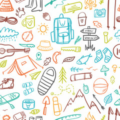 Vector pattern from a collection of camping and hiking items in the doodle style.