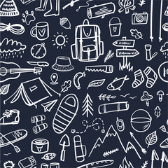 Vector pattern from a collection of camping and hiking items in the doodle style.