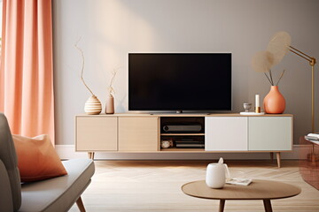 Television put on wood table, background white wall.