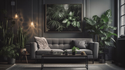 Stylish grey sofa, houseplants and picture hanging on light wall in living room.