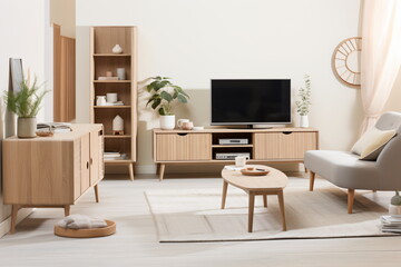 Television put on wood table, background white wall.