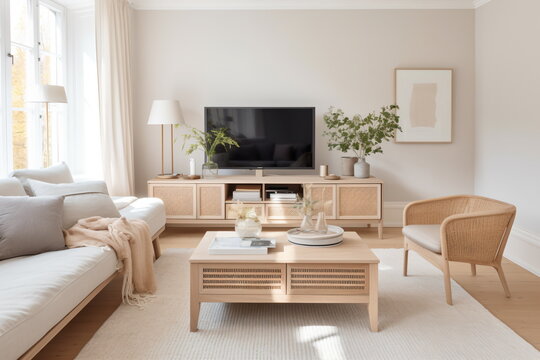 Television put on wood table, background white wall.