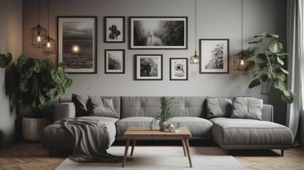 Fototapeta premium Stylish grey sofa, houseplants and picture hanging on light wall in living room.
