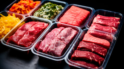 Different types of raw meat and salad in a plastic packaging