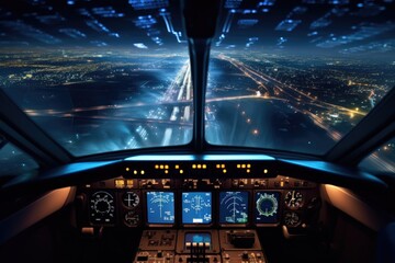 view of a runway and city at night from the plane cockpit - obrazy, fototapety, plakaty