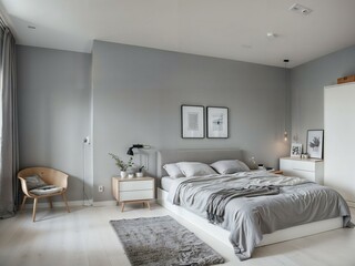 A minimalist bedroom with a simple white bed and gray walls
