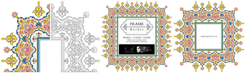 Frame mandala persian arabic turkish islamic hindi indian tibetan traditional colorful vector pattern texture vintage ornate retro elegant ornamental borders frames floral ornaments tazhib 20-v2.1.2 - obrazy, fototapety, plakaty