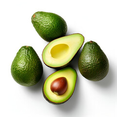 Illustration, AI generation. avocados isolated on a white background, top view.