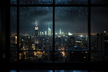 view of city buildings while raining at night from a glass window - obrazy, fototapety, plakaty