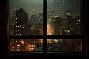view of city buildings while raining at night from a glass window