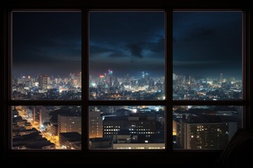Obraz premium view of city buildings at night from a glass window