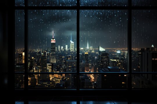 Fototapeta view of city buildings while raining at night from a glass window