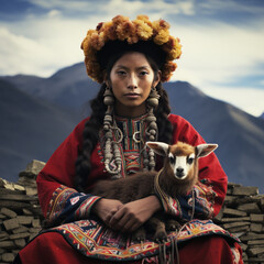Peruvian woman in traditional clothing. - obrazy, fototapety, plakaty