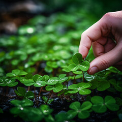 Hand picking up a lucky clover.