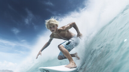 Australian blonde boy surfing on the sea - obrazy, fototapety, plakaty
