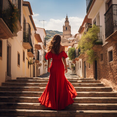 Traveler woman wearing a red Spanish dress on vacation in Granada, Spain. - obrazy, fototapety, plakaty