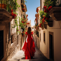 Traveler woman wearing a red Spanish dress on vacation in Granada, Spain.