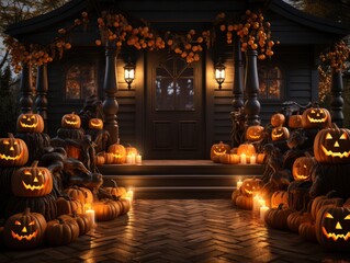 Obraz premium A Halloween entry decorated with lights and pumpkins