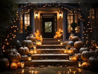 A Halloween entry decorated with lights and pumpkins