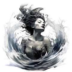 Illustration of a girl submerged underwater, her form surrounded by the fluid beauty of aquatic depths.