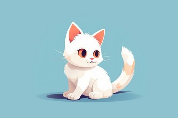 Fototapeta premium Cute White Smiling Cartoon Cat on Blue Background
