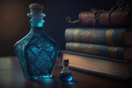 Glass bottle with blue liquid. Magical alchemy potion