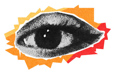 Halftone collage of an eye on a bright background, cut out of a magazine. Vector retro pop art element PNG, grunge, open eye. © SoykA_art