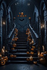 Halloween staircase backdrop with pumpkin, bat, spiderweb