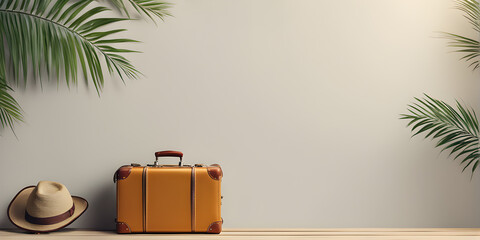 Suitcase adventure travel holiday or vacation concept and empty space for design