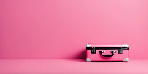 Fototapeten Suitcase adventure travel holiday or vacation concept pink landscape background empty space for design © No.1 Stock Images
