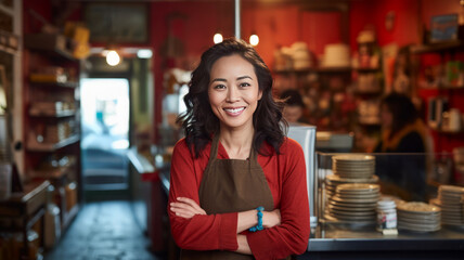 happy asian woman standing at doorway of her store.