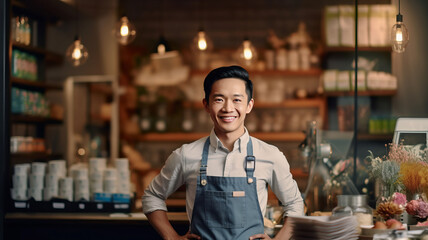 Obraz premium photograph of Portrait of happy asian young man standing at doorway of him store.