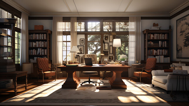 Living Room Home Office Design With White And Wood. Wood Desktop With Chair, Lamps. Sunlight Coming From The Window And Bookshelves. Zoom Background.