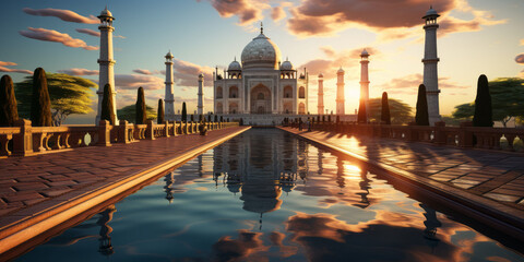 Naklejka premium Taj Mahal Palace in India. Indian Temple Tajmahal sunset photography.generative ai