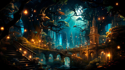 magic castle with a forest, night scene, magic forest and magic trees, fantasy background