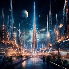 Celebrating the New Year in the city of the future. 2024 year . High quality illustration