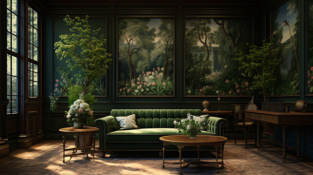 Hotel living room green indoor interior design with plants and a green big sofa, wood sofa table, and window with sunlight. zoom background. concept